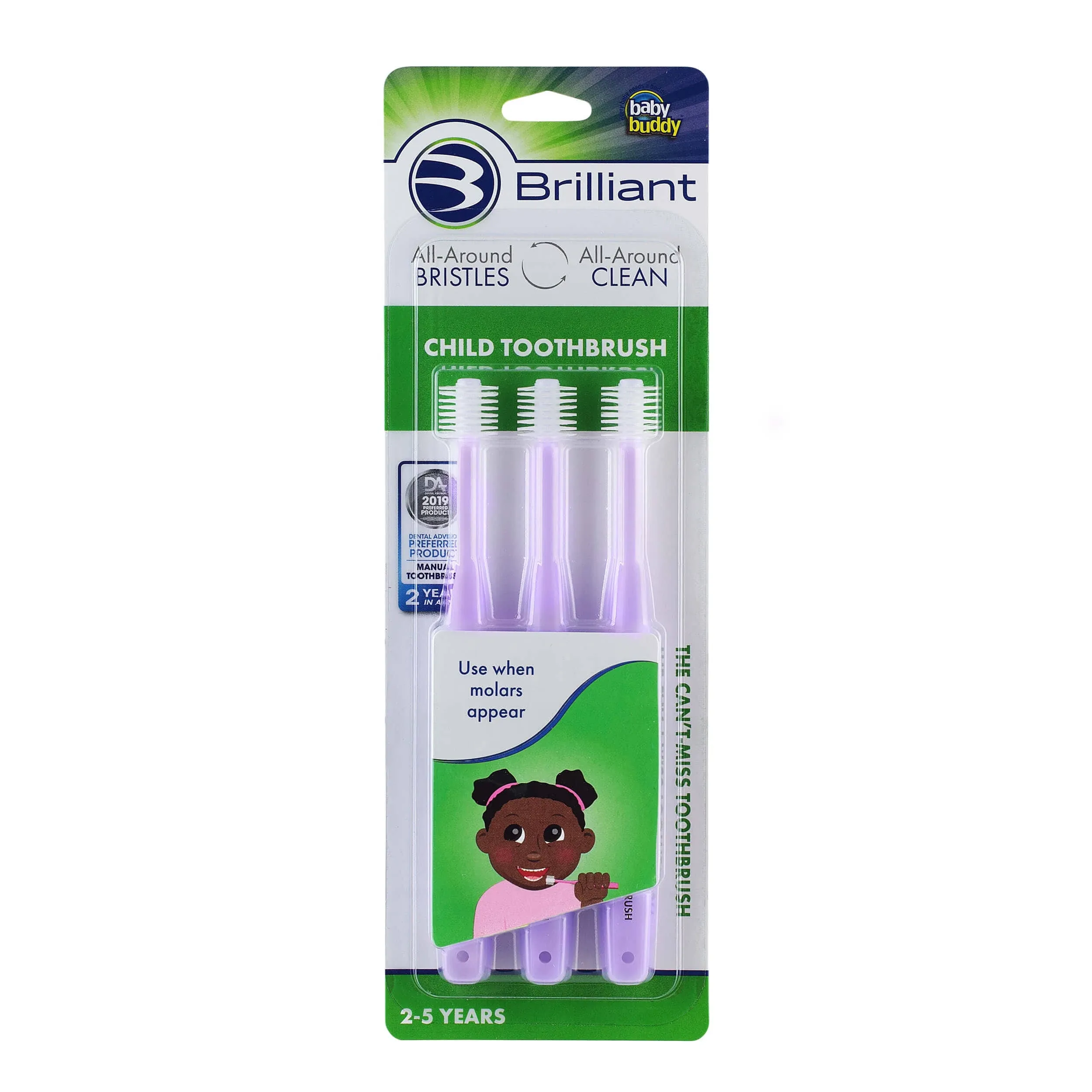 Brilliant Oral Care Child Toothbrush with Soft Bristles and Round Head, for a Kid Approved, Easy to Use All-Around Clean Mouth, Ages 2-5 Years, Lilac, 3 Pack