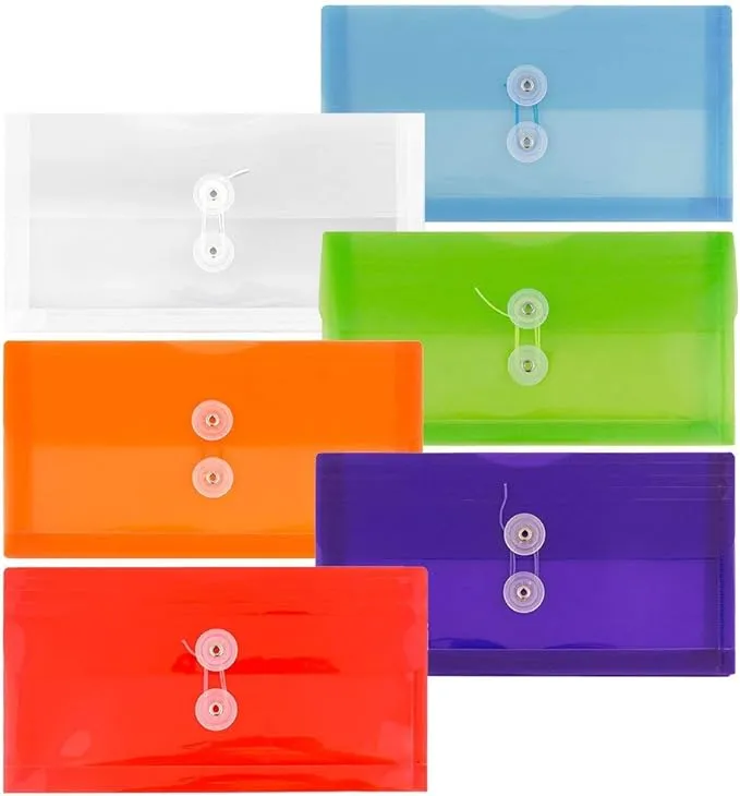 JAM PAPER Plastic Envelopes with Button & String Tie Closure - #10 Business Booklet - 5 1/4 x 10 - Assorted Colors - 6/pack