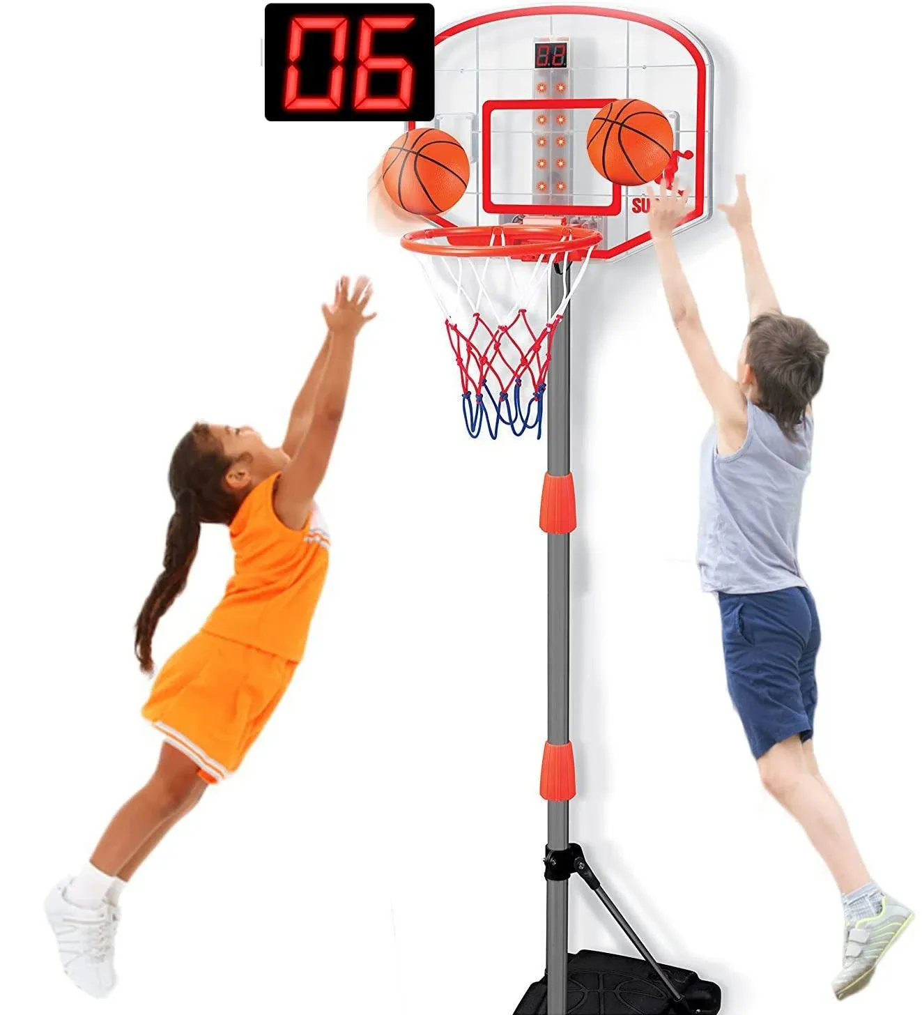 Kids Portable Basketball Hoop with Stand, Basketball Arcade Game with Electronic Scoreboard, Automatic Scoring Sounds and Adjustable Height Up to 67"