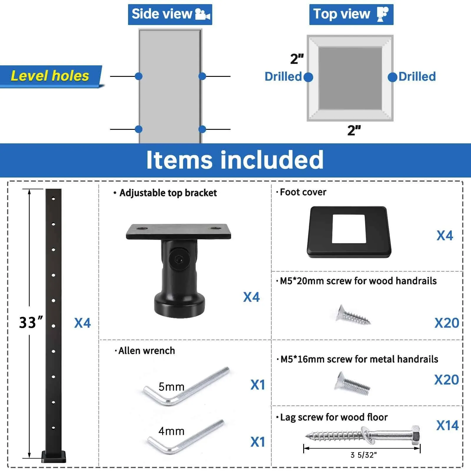 Muzata 36" Black Stainless Steel Top Mount Post, Level Drilled  PS02 BH4S