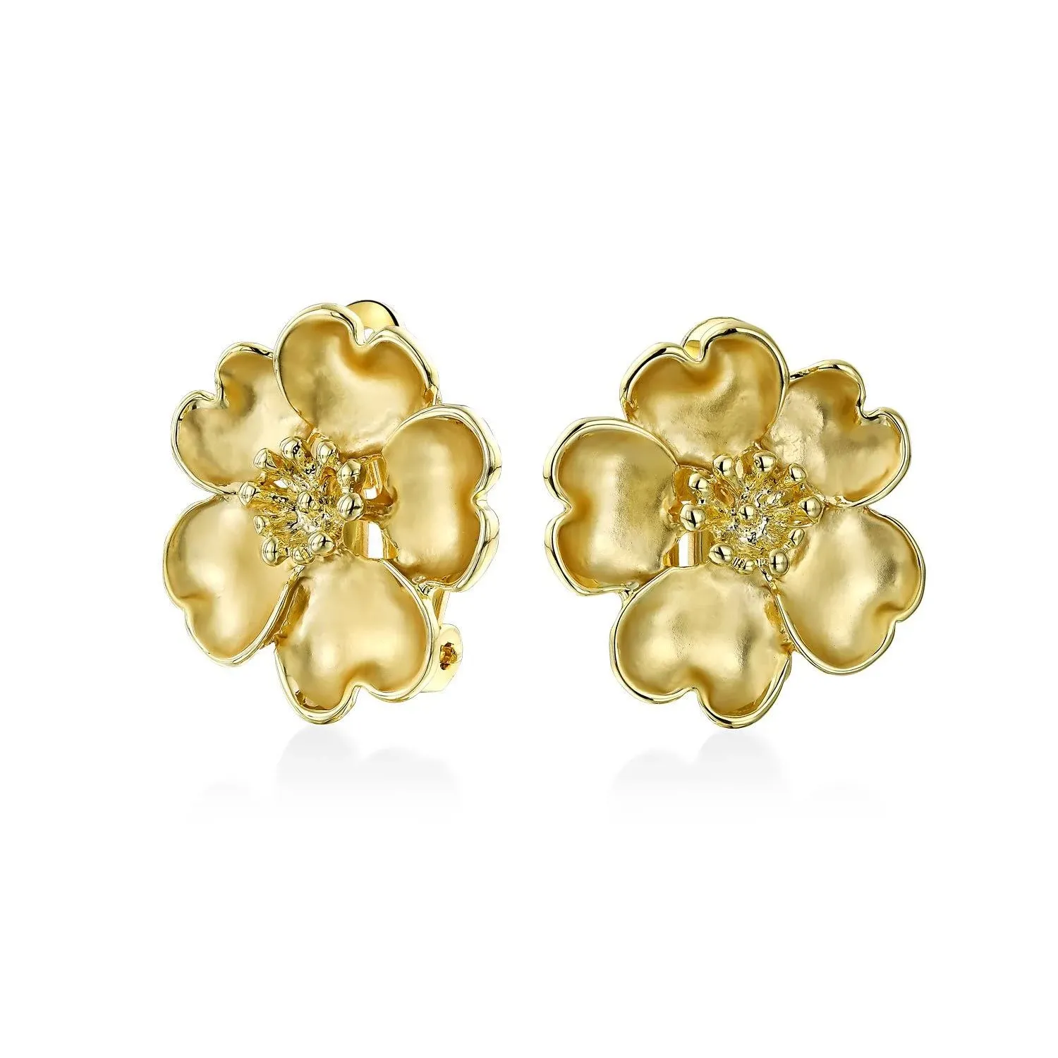 Heart Shaped Matte Gold Plated Brass Petal Flower Clip on Earrings