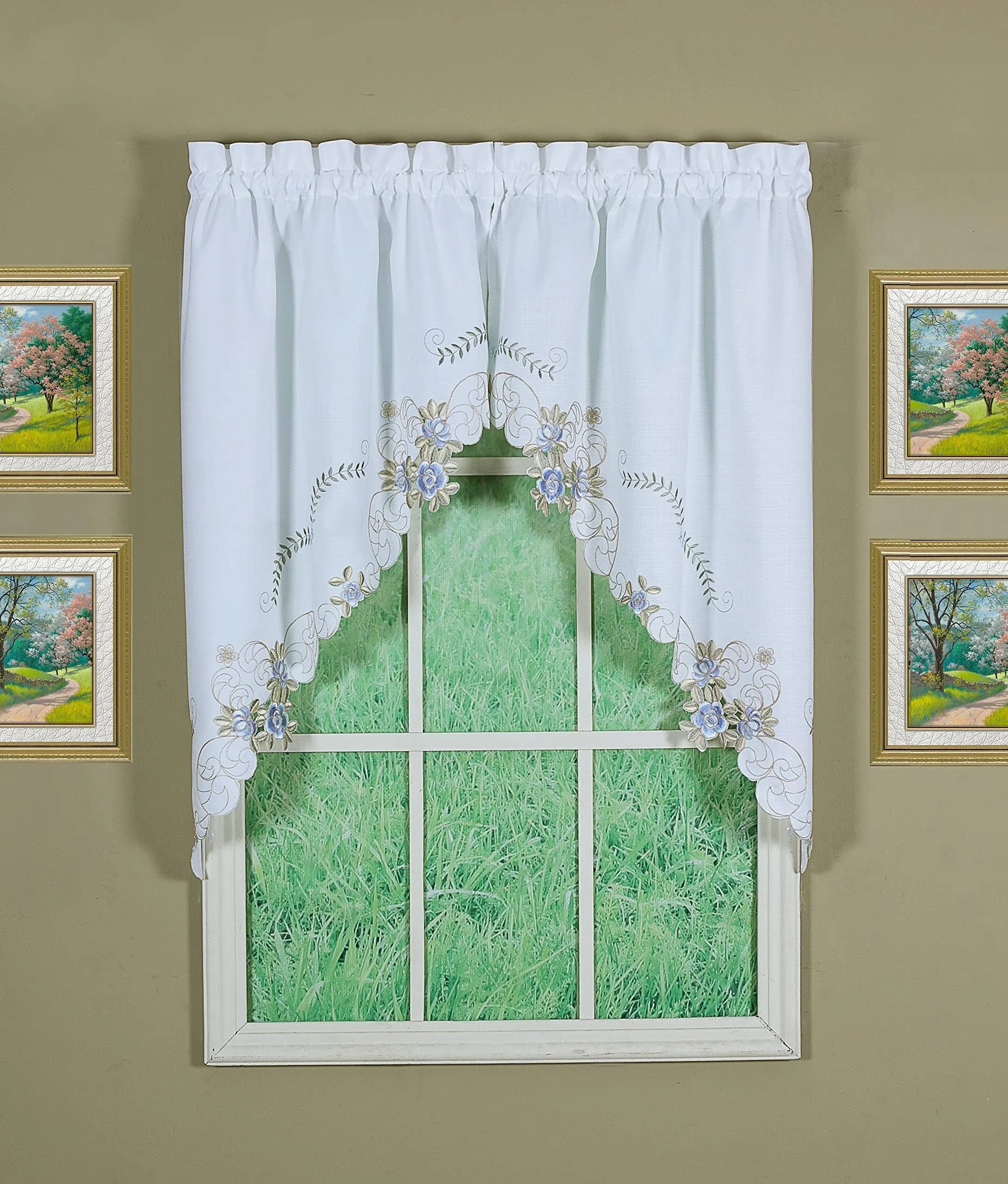 Today's Curtain Verona Reverse Embroidery Window Swag, 38-Inch, White/Blue - Verona CA50304P