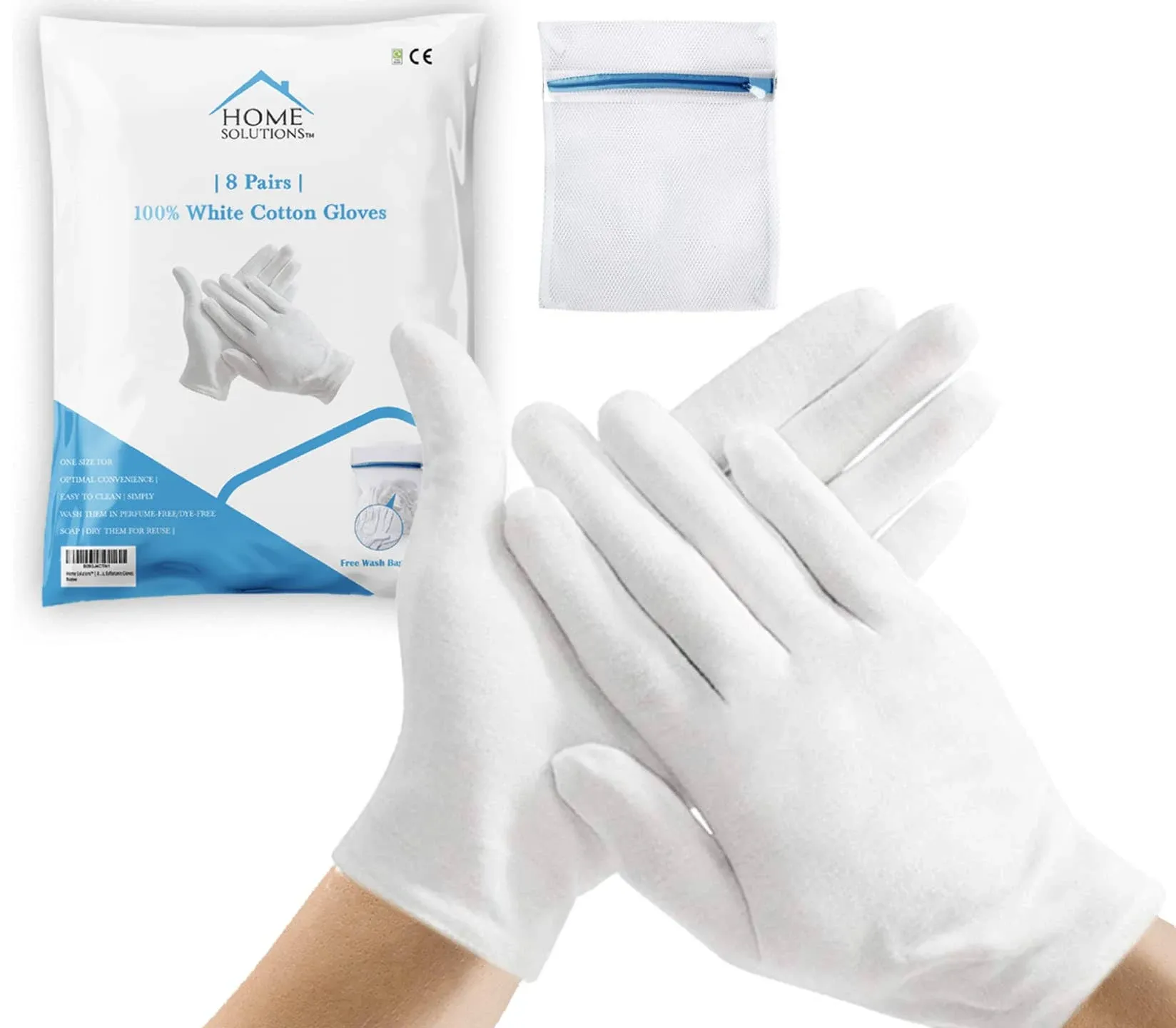 Home Solutions | 8 Pairs | 100% White Cotton Gloves for Eczema | Free Wash Bag ...