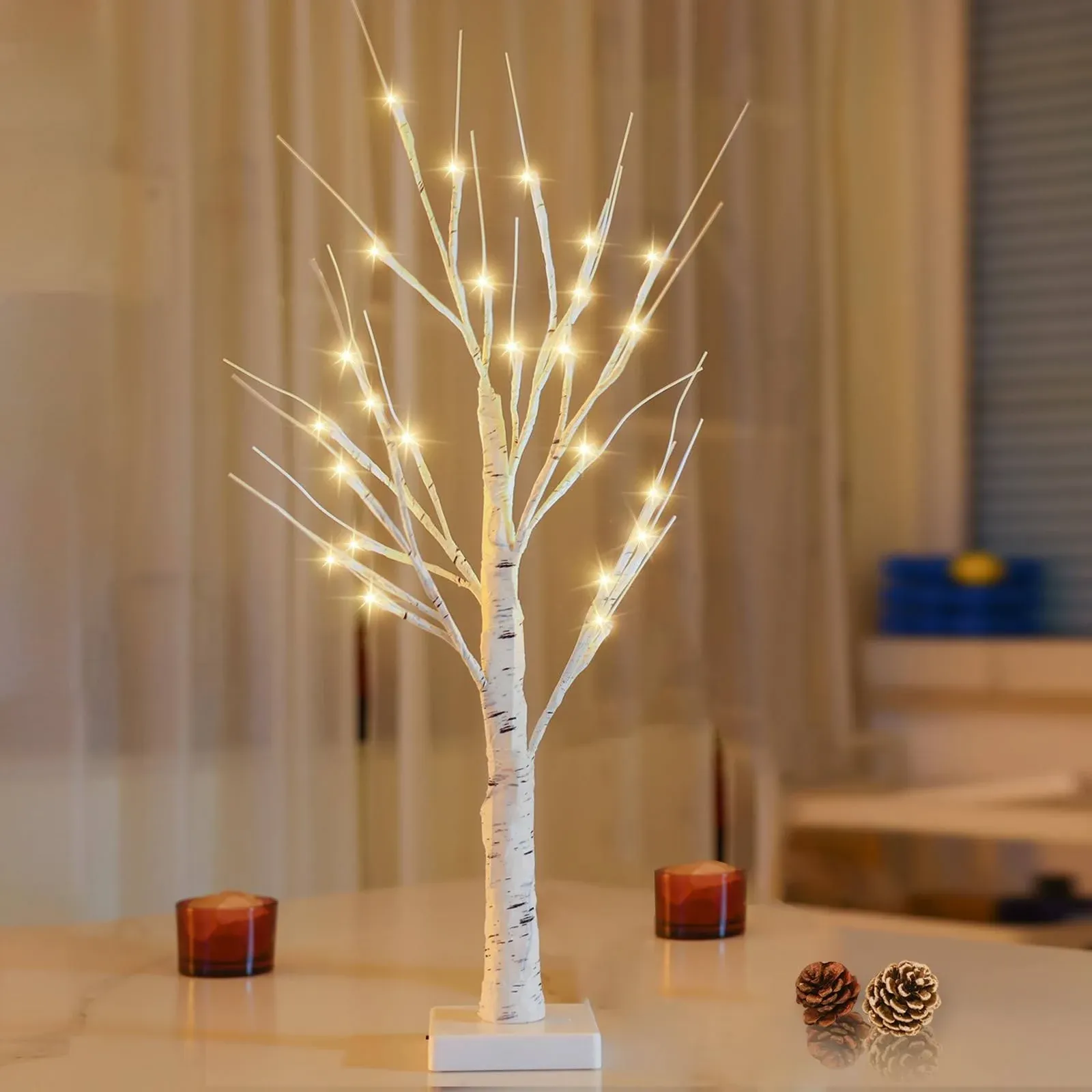 2FT 24LED Lighted Birch Tree Artificial Branch Tree, Pre-Lit Tabletop Christmas 