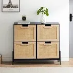 IDEALHOUSE Natural Rattan 4 Flip Door Shoe Cabinet Organizer