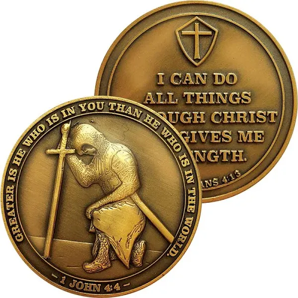 The Task Ahead Coin, I Can Do All Things, Challenge Coins, Antique Gold-Color Plated, Featuring a Kneeling Knight Templar and Philippians 4:15