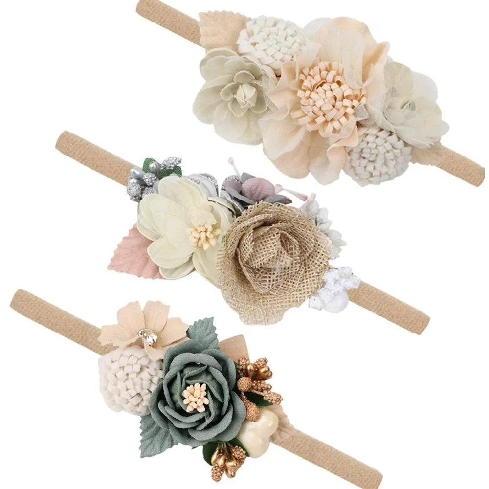 Baby Girl Flower Nylon Headband-Elastic Hair Band Handmade Bow For Newborn Infant Toddler Pack of 3 (Multicoloured)