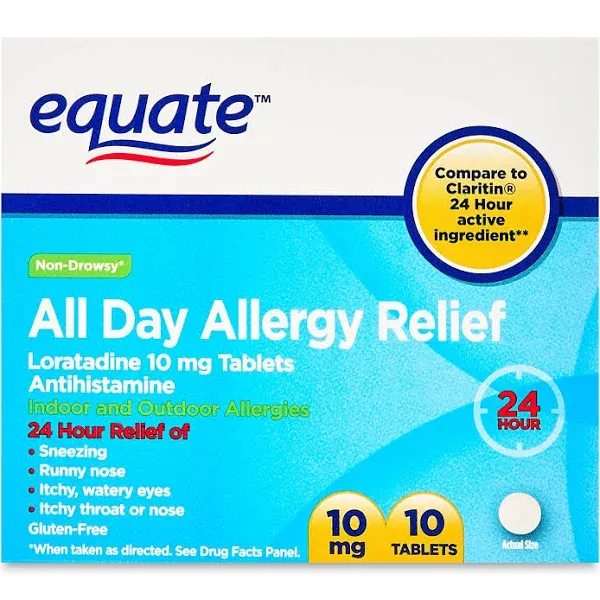 Equate Allergy Relief Loratadine Tablets 10 mg, Antihistamine, 10 Count, Size: 10 Tablets