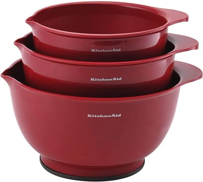 KitchenAid Universal Nesting Plastic Mixing Bowls, Set Of 3, 2.5 quart, 3.5 quart, 4.5 quart, Non Slip Base with Easy Pour Spout to Reduce Mess, Dishwasher Safe, Empire Red