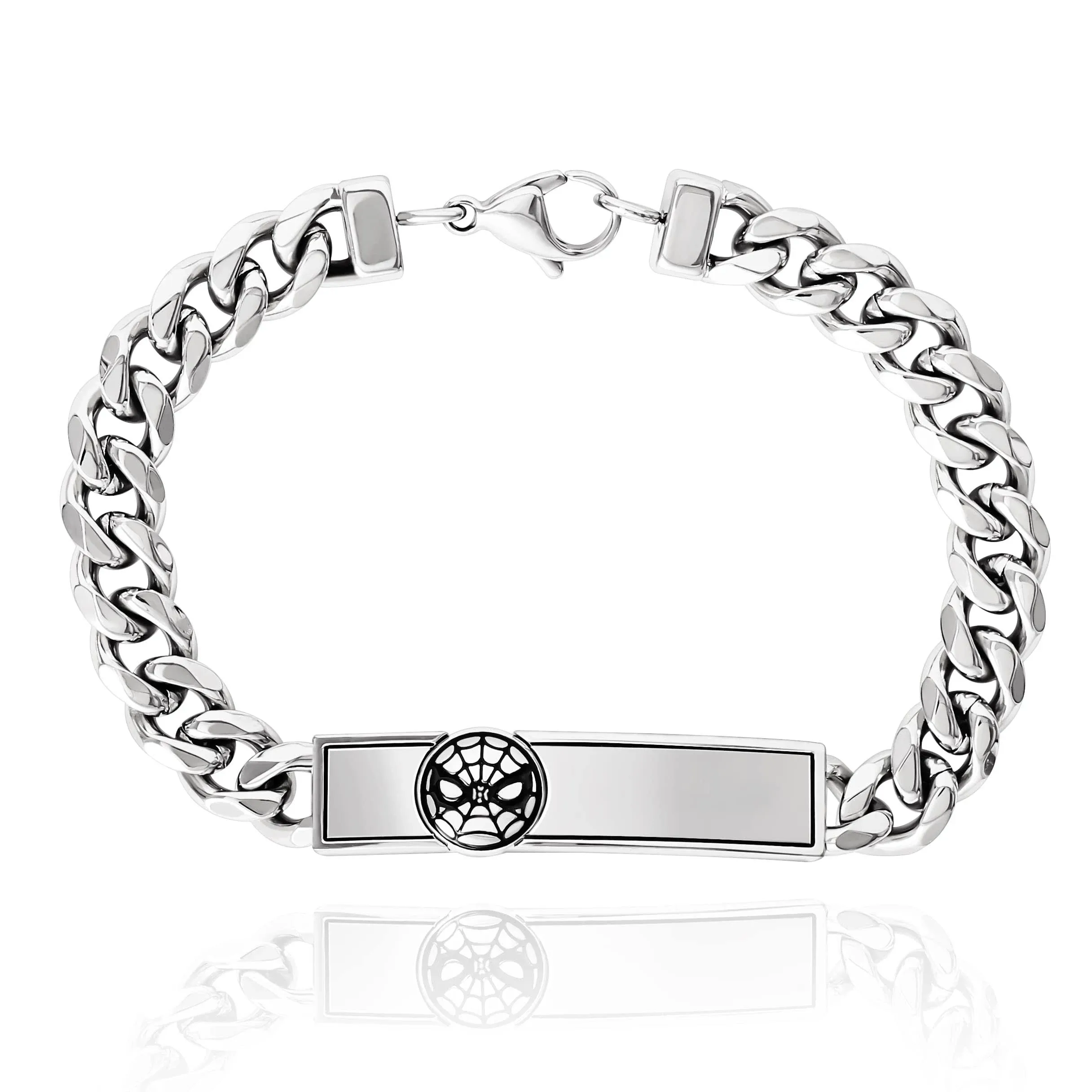 Marvel Spider-Man Mens Bracelet 8" - Stainless Steel Curb Link Bracelet with Spiderman ID Plate Jewelry