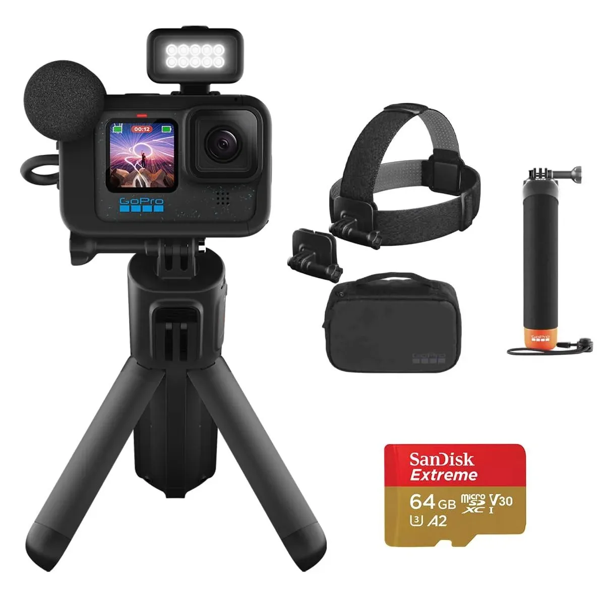 Pacote de câmera GoPro HERO12 Black Creator Edition: GoPro Adventure Kit 3.0 com manipulador e alça de cabeça, cartão de memória de 64 GB com adaptador de estabilização vencedor do Emmy e criação versátil de vídeo