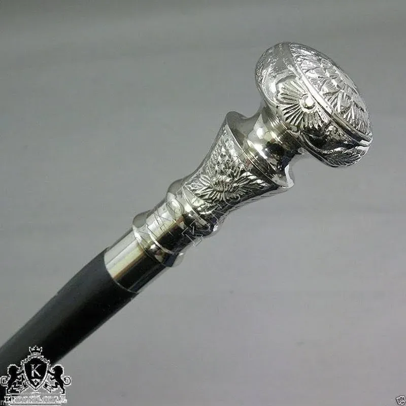 Nautical Gift Decor Vintage Antique Walking Cane Wooden Walking Stick Silver Brass Handle Knob Gift, Standard