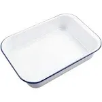 Webake Enamelware 9x13 Baking Pan Oblong Cake Pan Enameled Steel Roasting Pan Baking Dish Lasagna Pan Food Containers, Solid White with Blue Rim