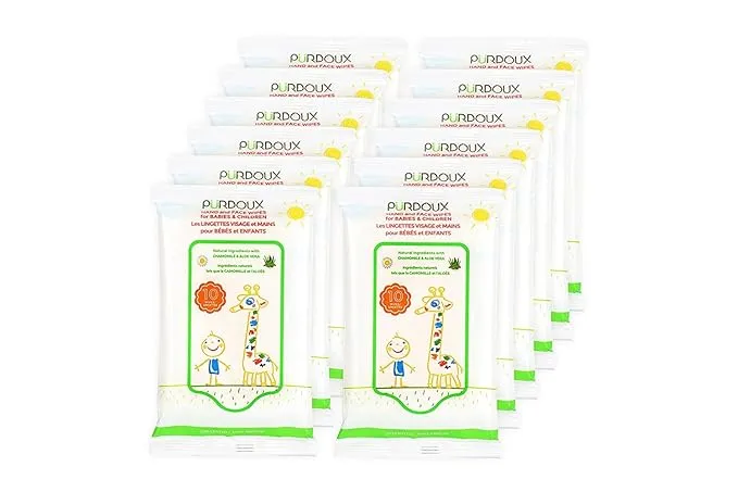 Purdoux PÜRDOUX 100% Cotton Wipes for Babies and Children with Aloe Vera and Chamomile (Box of Total 120 Wet Wipes in 12 Resealable Sachets, 10 Wipes