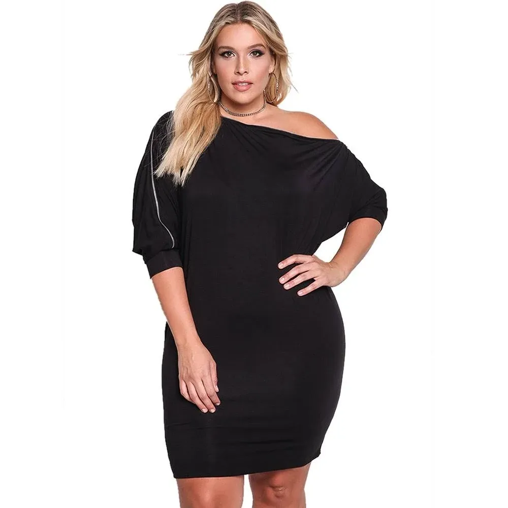 ROSIANNA Women's One Shoulder 3/4 Sleeves Bodycon Fitted Short Plus Size Dresses