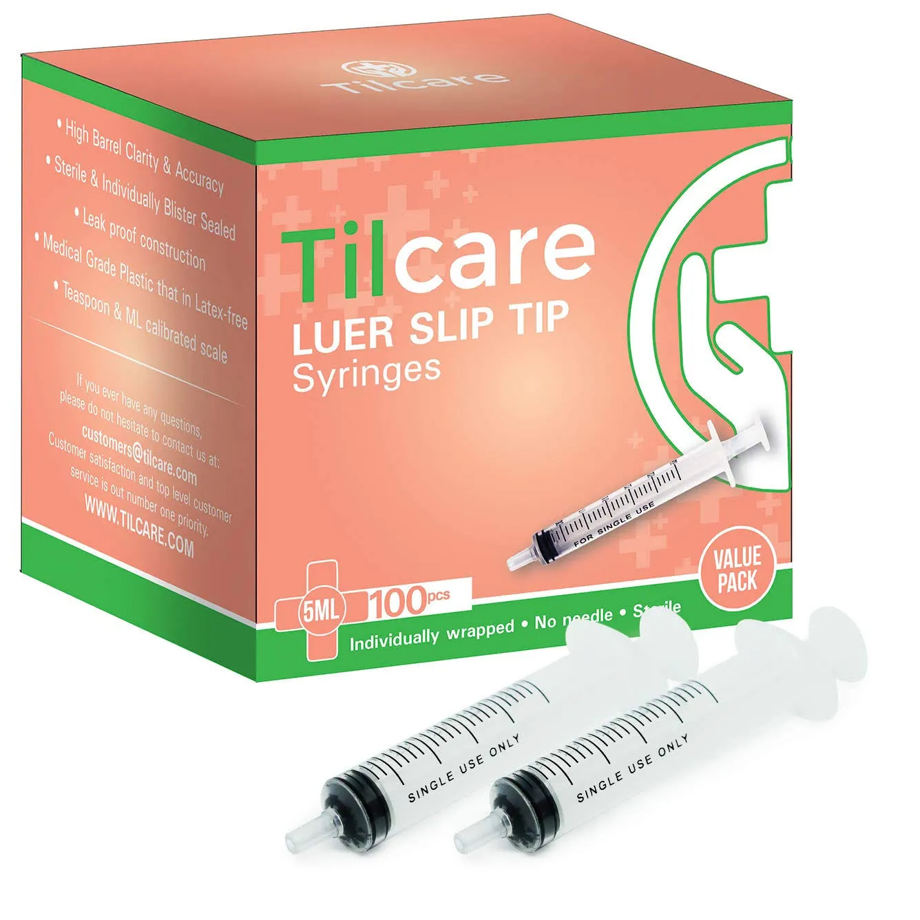 5ml Oral Dispenser Syringe Luer Slip 100 Pack by Tilcare - Sterile Plastic Medicine Droppers for Children, Pets & Adults – Latex-Free Medication