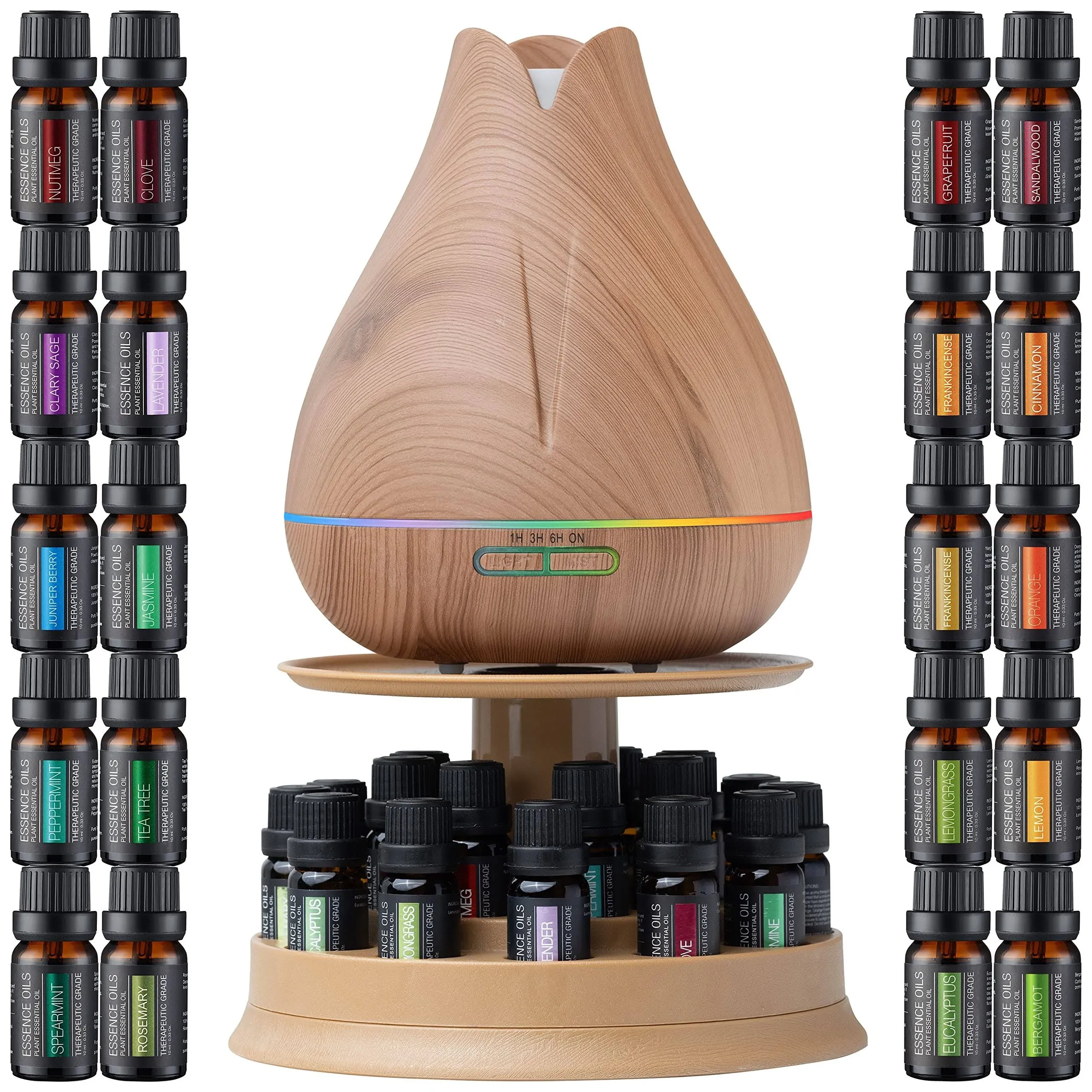 Pure Daily Care Aromatherapy Essential Oil Diffuser Gift Set with 20 Oils and Rotating Display Stand - 400ml Ultrasonic Diffuser with 20 Essential