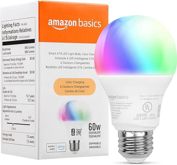 Amazon Basics Smart A19 LED-Leuchtmittel, Farbwechsel, 9 W (entspricht 60 W), 800 lm, funktioniert nur mit Alexa, 2,4 GHz WLAN, kein Hub erforderlich, 4er-Pack