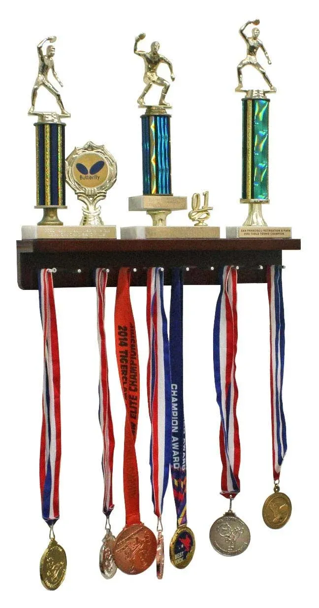 DisplayGifts Medal Hanger & Trophy Shelf Display Rack Trophy Award Shelf Wall Mount with Peg Board Walnut