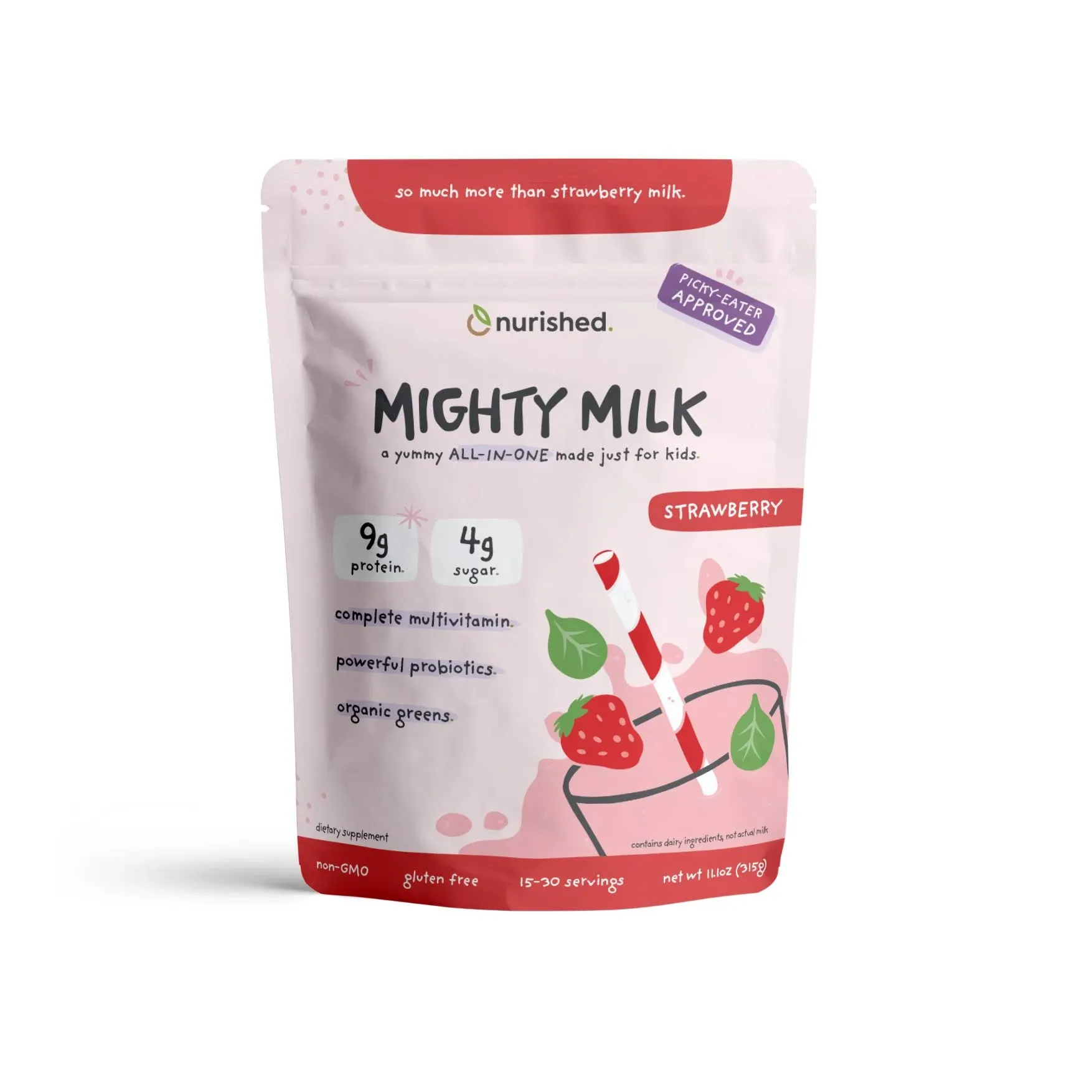 Mighty Strawberry Milk - Kids All-in-One Daily Protein Powder & Multivitamin Boosted with 2 Billion Probiotics & Organic Spinach - Natural Flavors, Colors & Sweeteners - 15-30 Servings