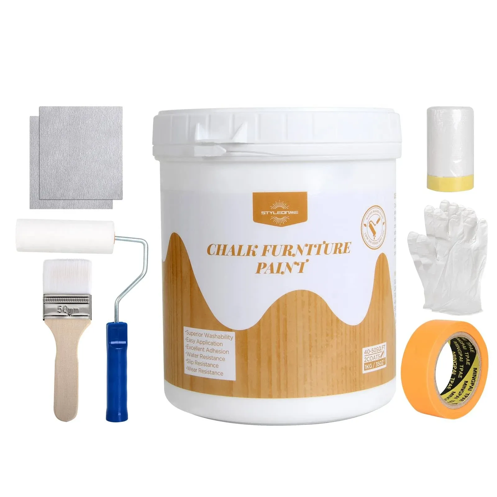 Styleonme Waterbased Wood Paint Repair Kit Paint Household Self Brushing Paint, Furniture Renovation, Wood Door Paint Color Change,Paint Furniture（1kg/35oz, with tools, White）