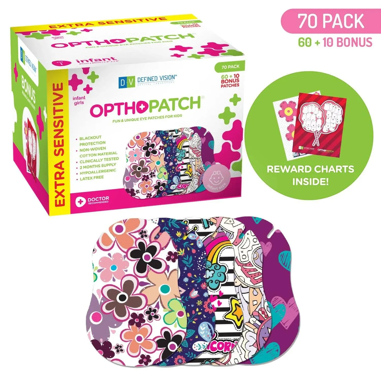 Infants Extra Sensitive Adhesive Eye Patch Girls 70 Pack Series II OPTHOPATCH