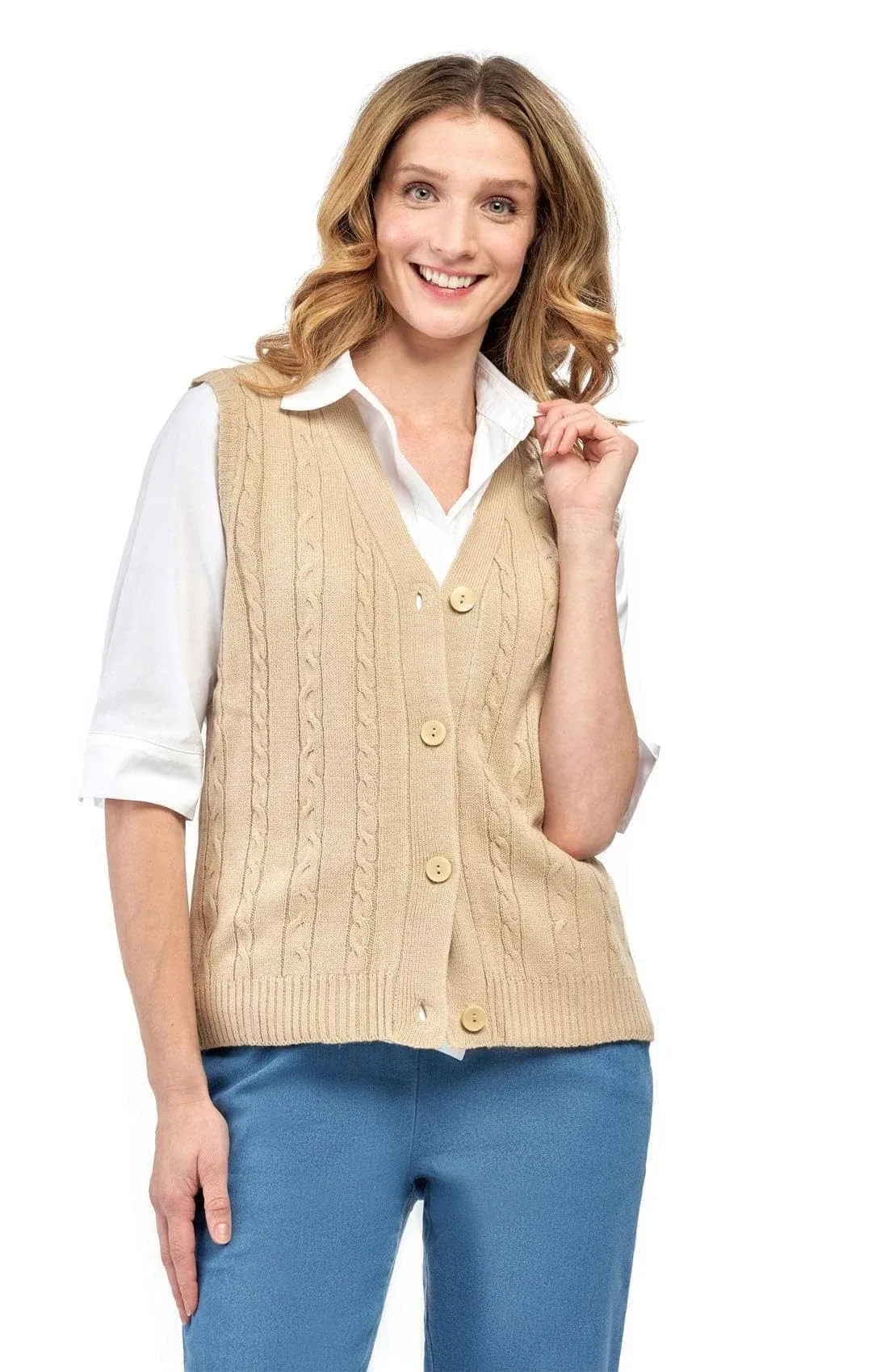 Turtle Bay New York  Women's Button Front Cable Cardigan Sweater Vest - Button Up Cable Knit