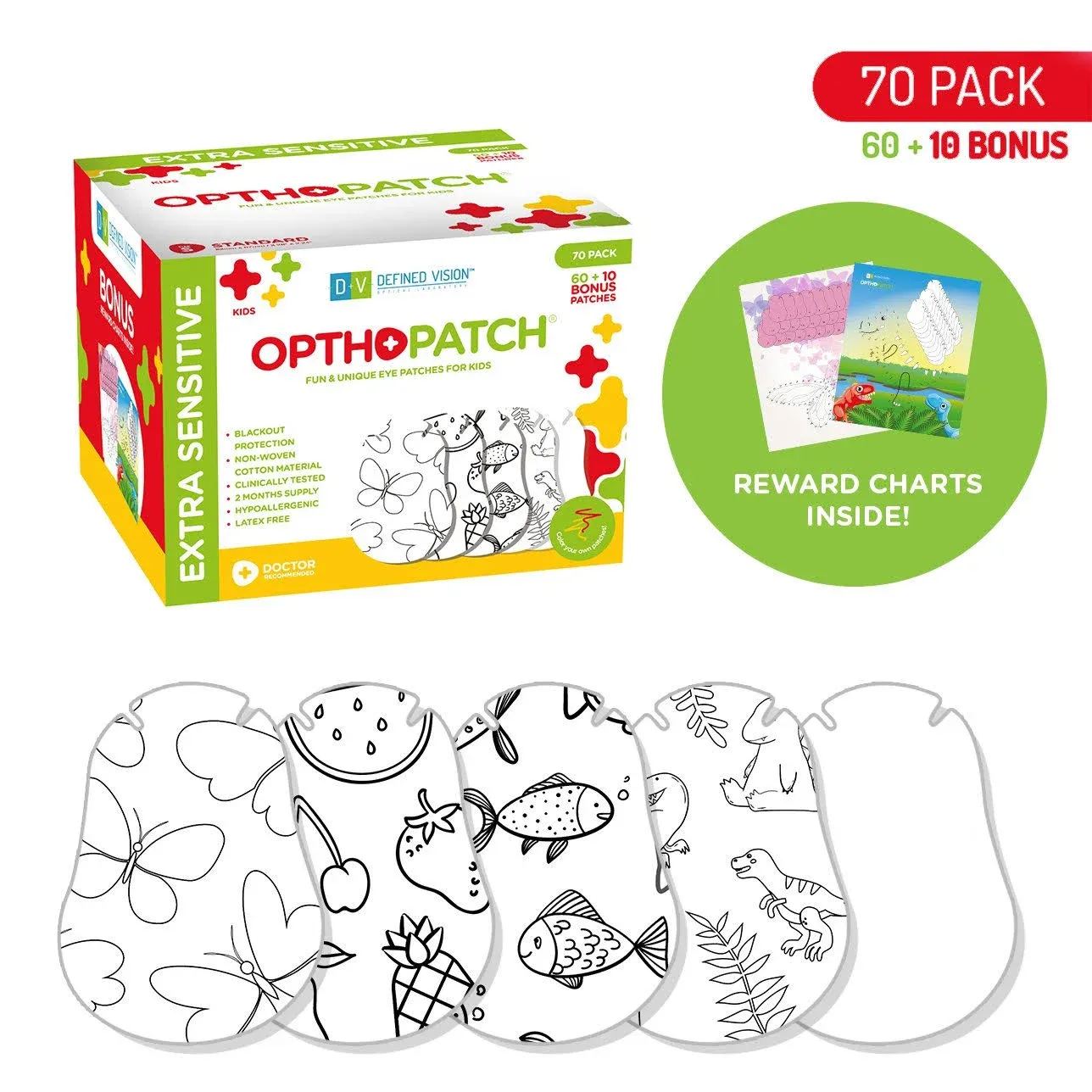 Opthopatch Color Your Own Adhesive Eye Patch for Kids 70 Pack + 2 Rewards Charts