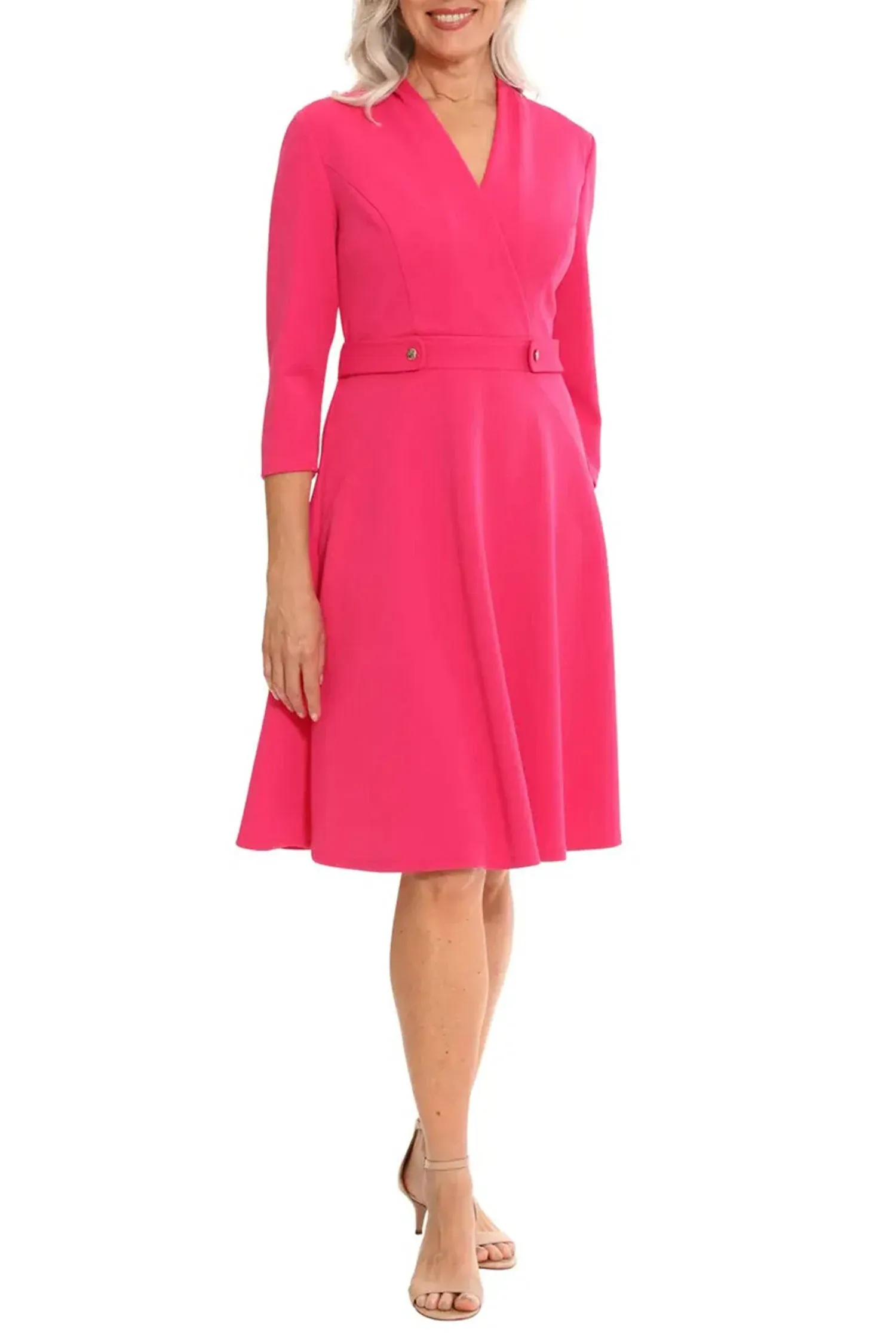 London Times Women's Crepe Fit and Flare Midi with Waist Button Detail