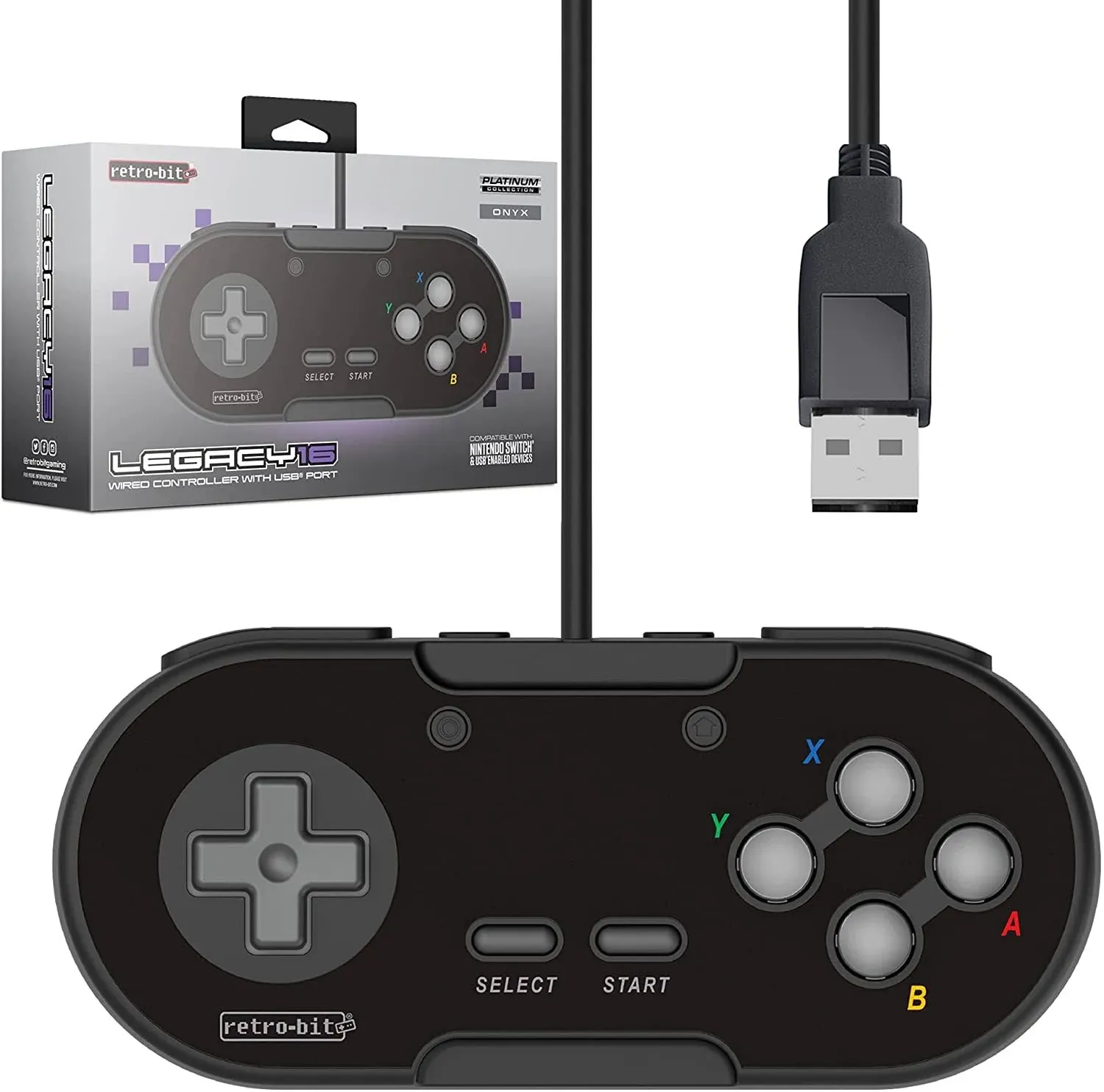 Retro-Bit Legacy 16 Wired USB Controller - Features Home, SS & ZL/ZR Buttons - for Switch, PC, MacOS, RetroPie, Raspberry Pi - Onyx