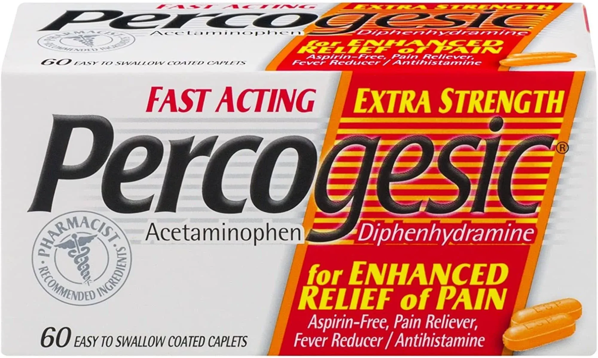 Percogesic Extra Strength Pain Relief, Aspirin Free Fast Acting Relief, Acetaminophen and Diphenhydramine, 60 Tablets