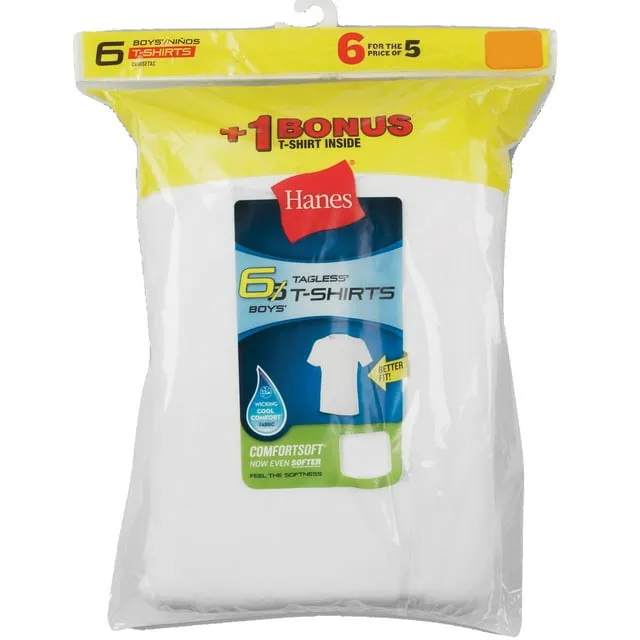 Hanes Boys' Undershirts 5 + 1 Bonus Pack Tagless Crew Undershirts