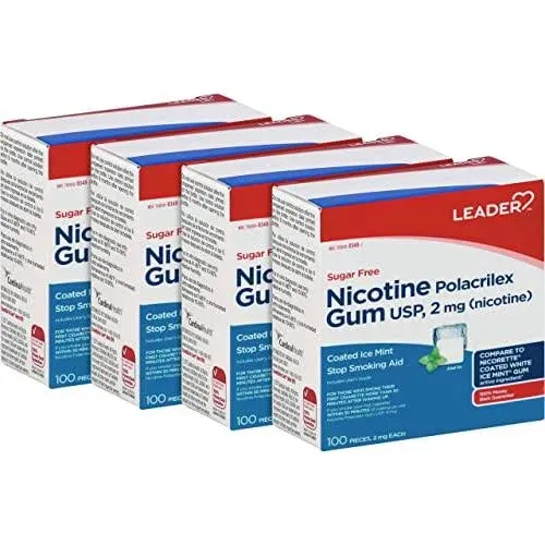 Leader Nicotine Polacrilex Gum 2 mg Sugar Free Coated Ice Mint 100 Pieces