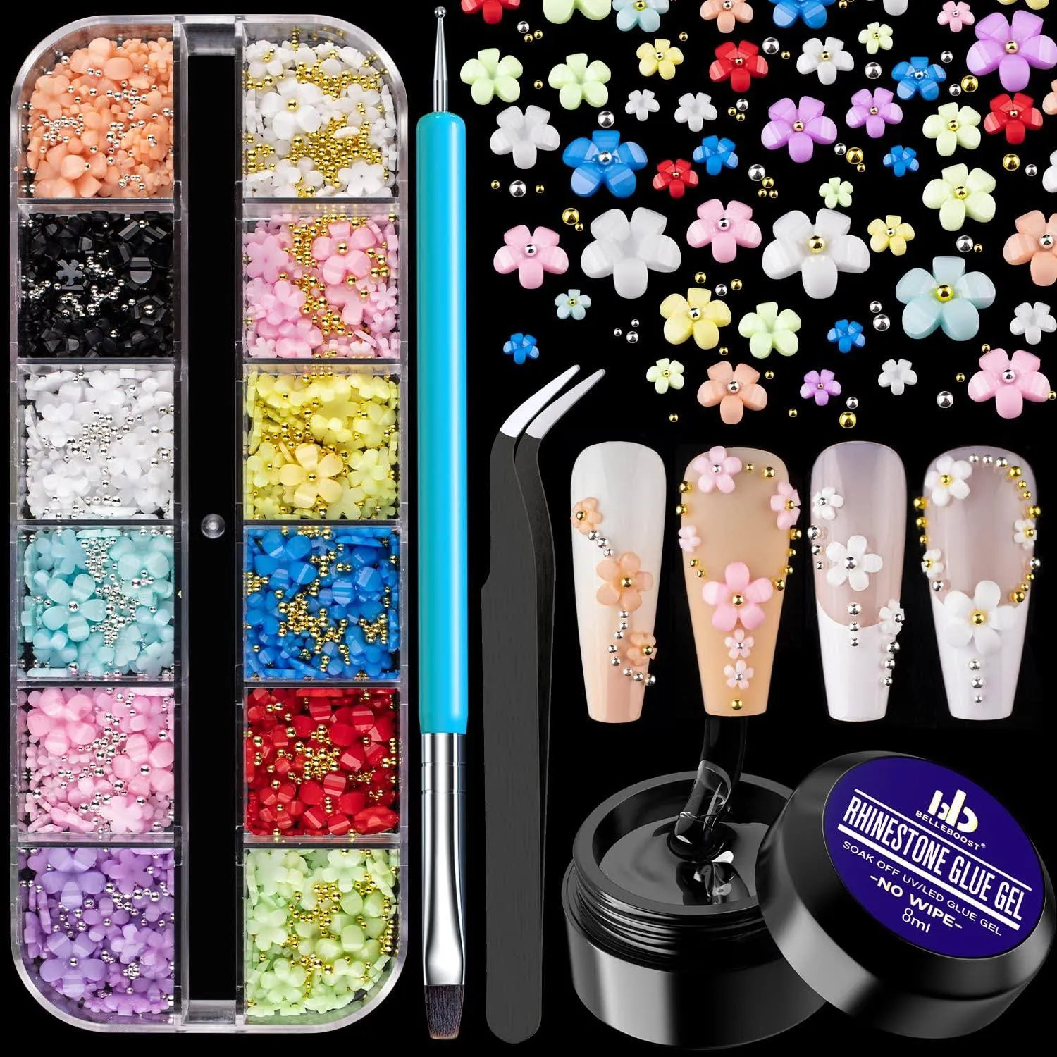 3D Flowers for Nails Art Colorful Charms Set #1 with Caviar  Blossom Rhinestones