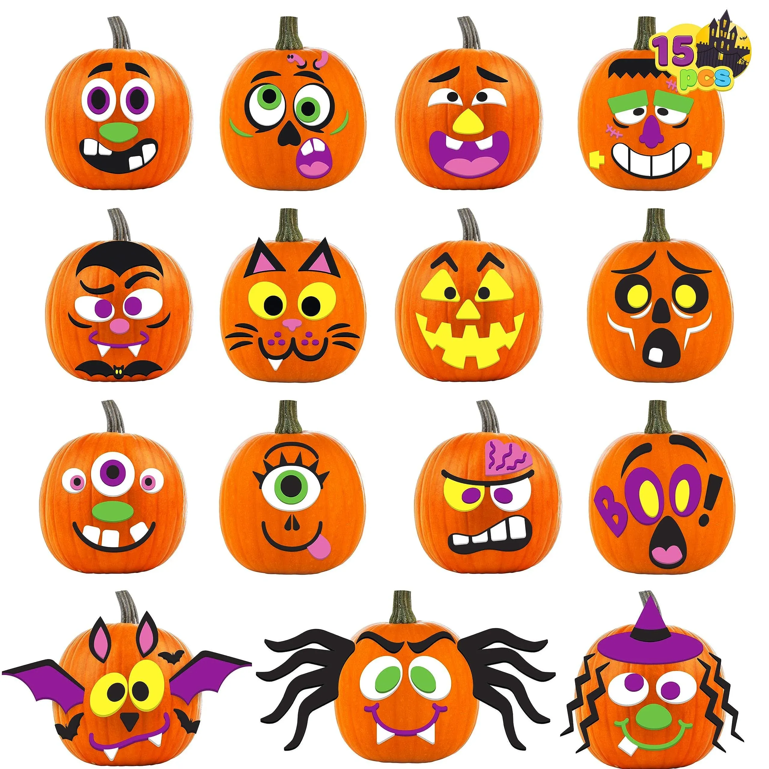 JOYIN 16 Packs Halloween Pumpkin Stickers Foam Craft Kit, Yellow 