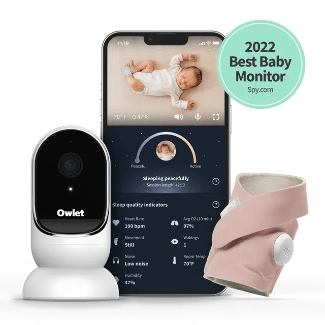 Owlet Dream Duo - Smart Portable Video Baby Monitor - HD Video Camera + Sock With Heart Rate, AVG Oxygen Tracker - Dusty Rose