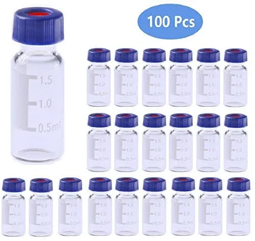 2mL Autosampler Vials with Writing Area and Graduations, 9-425 HPLC, Screw Cap, White PTFE & Red Silicone Septa, 100 Pcs