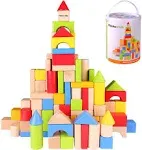 Pidoko Kids Wooden Building Blocks Set - 100 Pcs - Includes Carrying Container - Hardwood Plain & Colored Wood Block for Boys