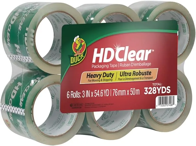 Duck HD Clear Heavy Duty Packing Tape, 3" x 54.6 yds., Clear, 6/Pack (307352/7496)