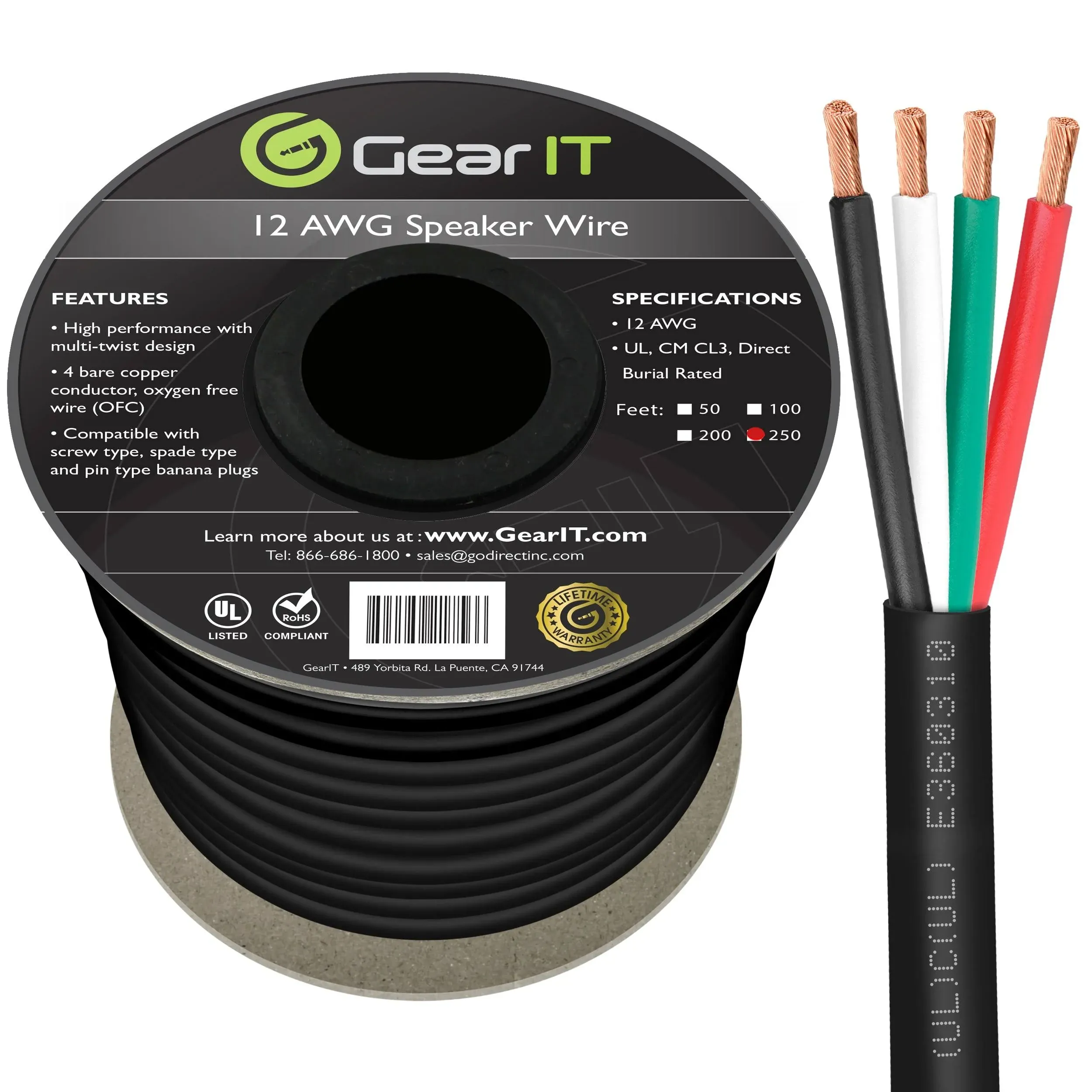 GearIT 12/4 Speaker Wire (250 Feet) 12AWG Gauge, Black 4-Conductors/Outdoor Direct Burial in Ground/in Wall / CL3 CL2 Rated - OFC Oxygen-Free Copper, Black 250ft