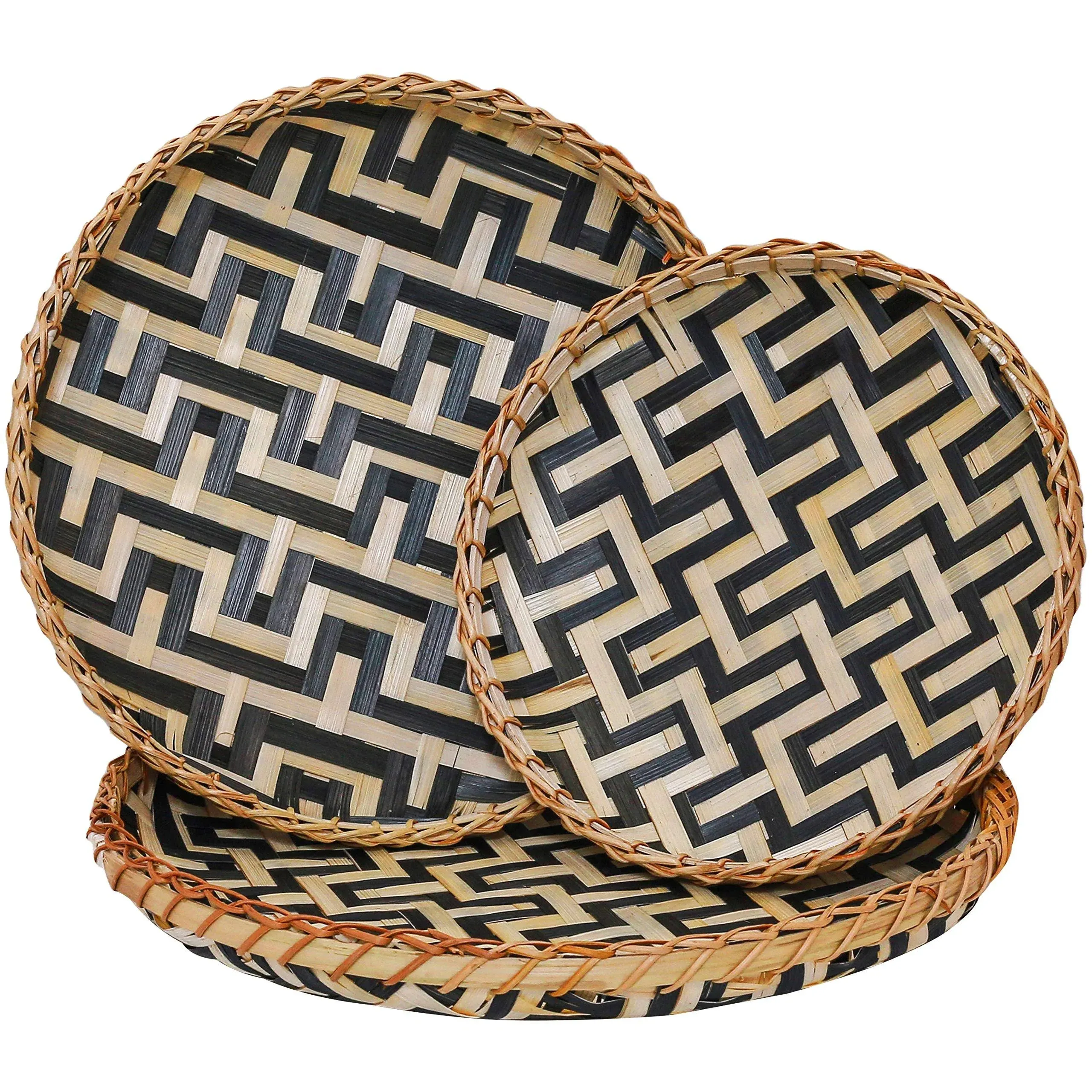 Bamboo Woven Wall Baskets Decor Boho Flat Set 3 Shallow Basket for Organizing Kitchen, for Coffee Table Trays Decorative Plates for Wall Hanging Farmhouse Wicker Serving Tray