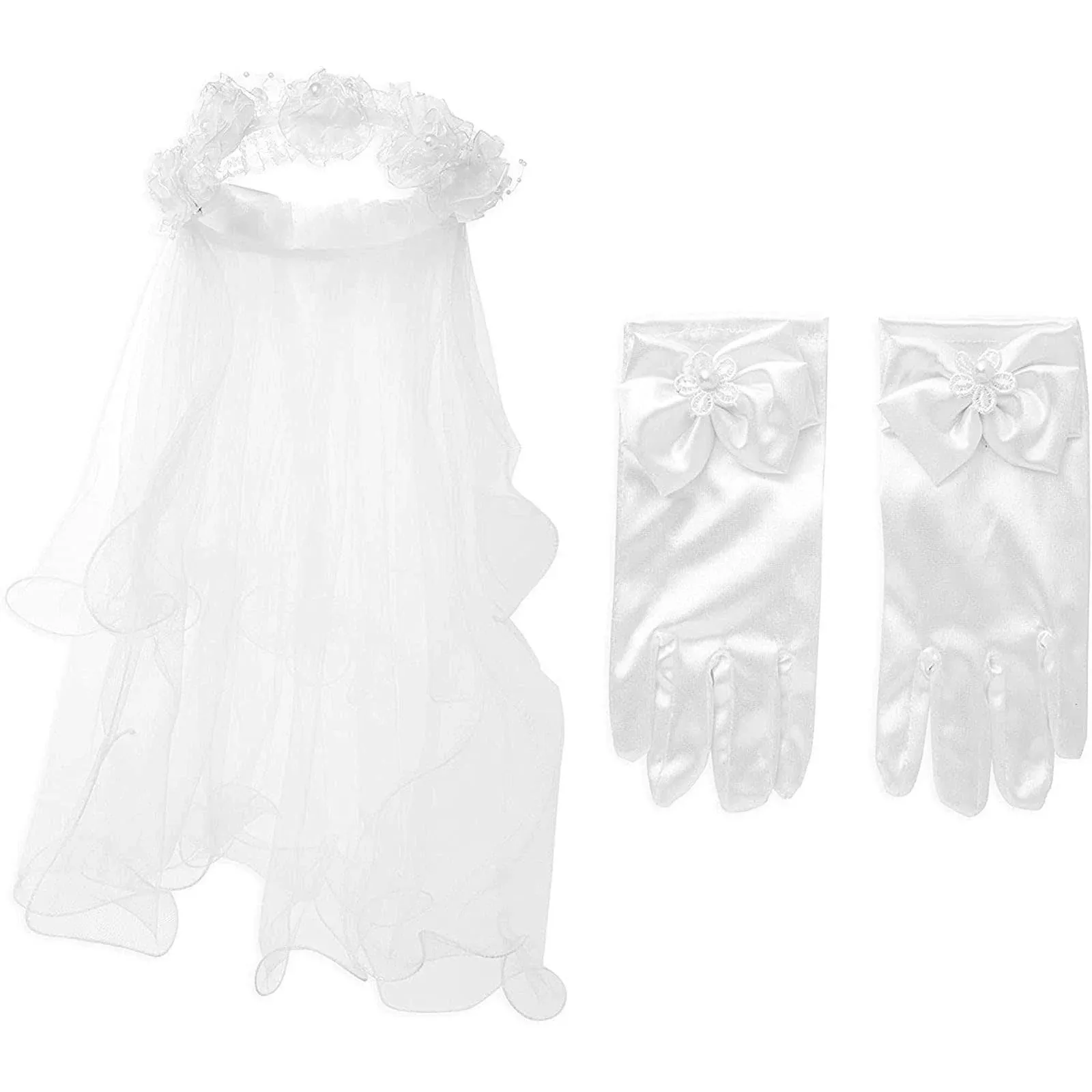 Sparkle and Bash Girl's Flower Headband Veil and Gloves Accessories Set for First ...