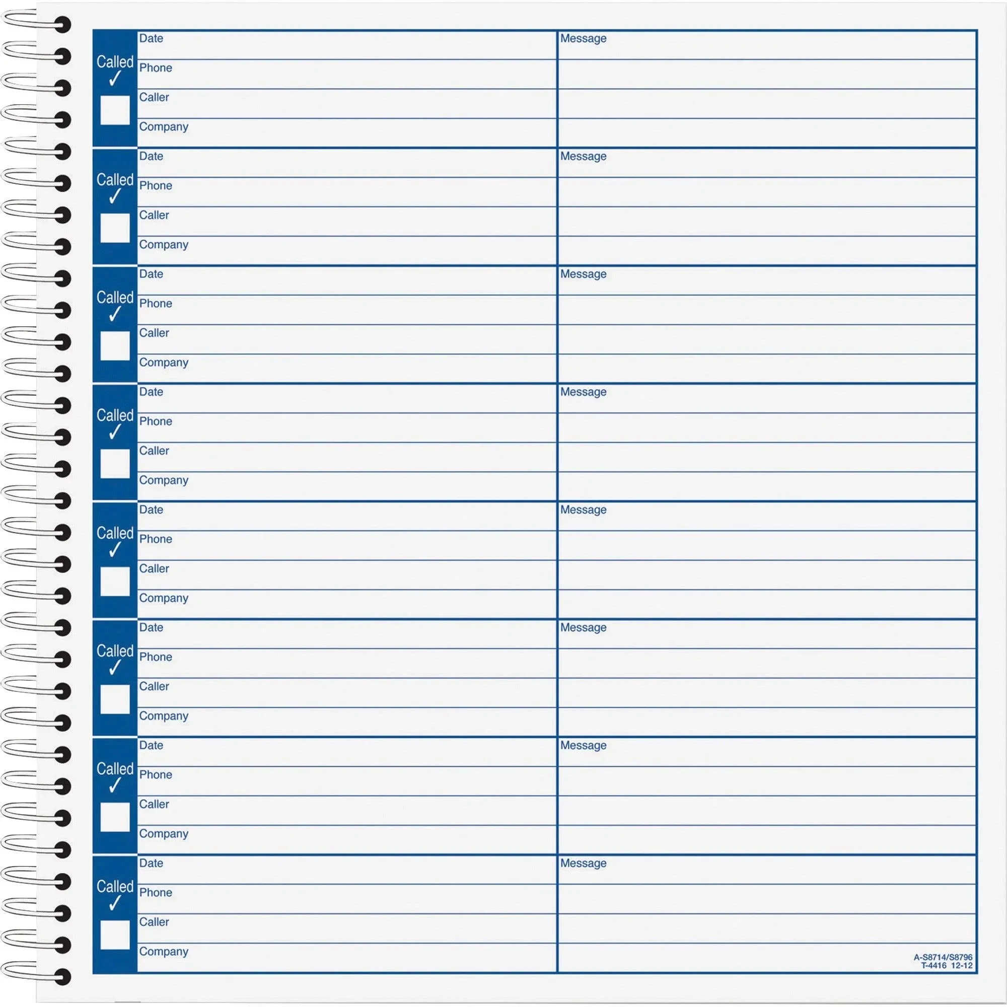 TOPS Spiral Voice Message Log Book, 2-Sided, 1-Part, 8.5 x 8.25 Inches, 8 Messages per Page, 800-Message Book (4416) , Manila