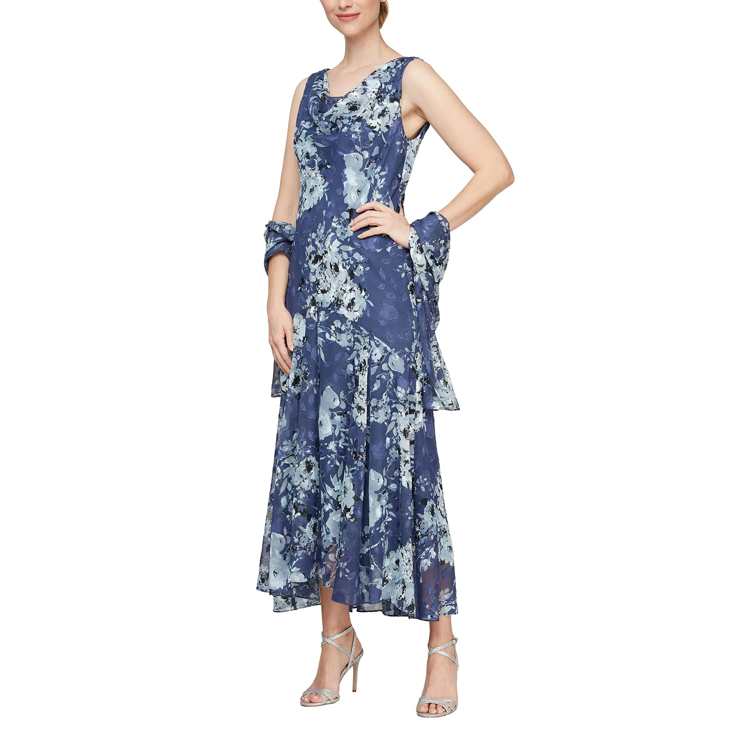 Alex Evenings Women's Sleeveless Printed Chiffon Dress with Shawl