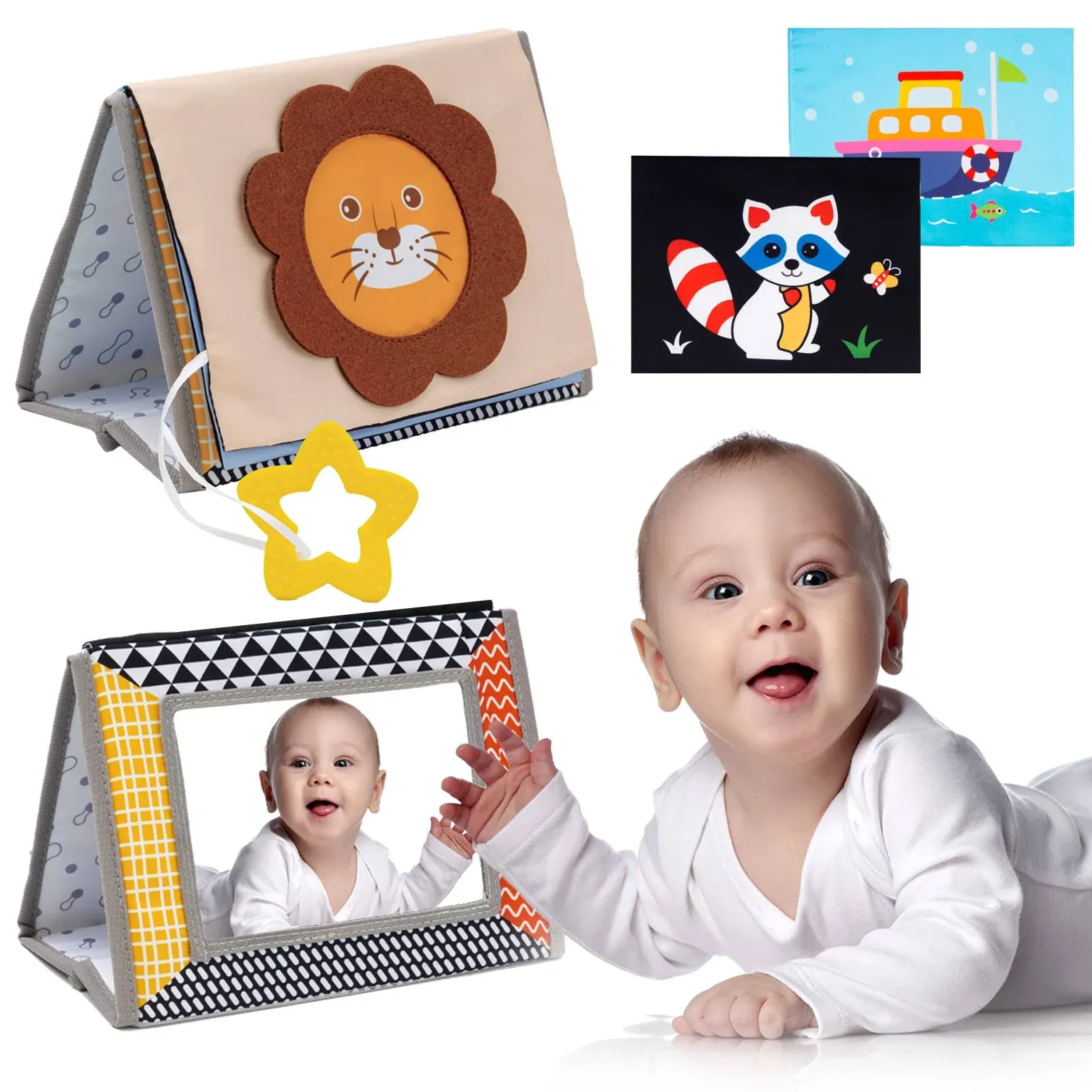 AUKZON Tummy Time Mirror Toys, Baby Toys 0 3 6 9 Months with Crinkle Book ...