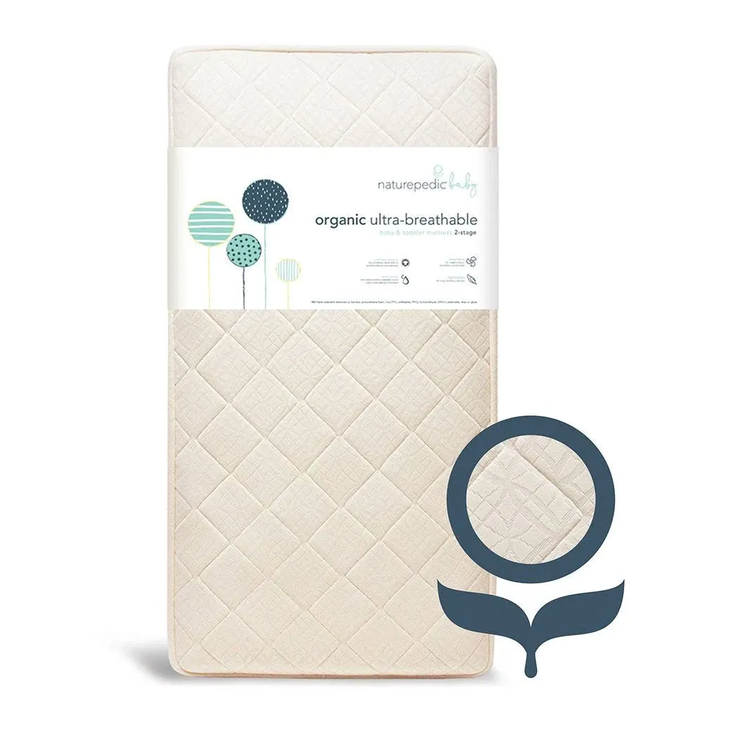 Naturepedic Organic Crib Mattress, 2-Stage Natural Mattress with Breathable Crib Mattress Pad, Waterproof, Non-Toxic, Standard Crib Size