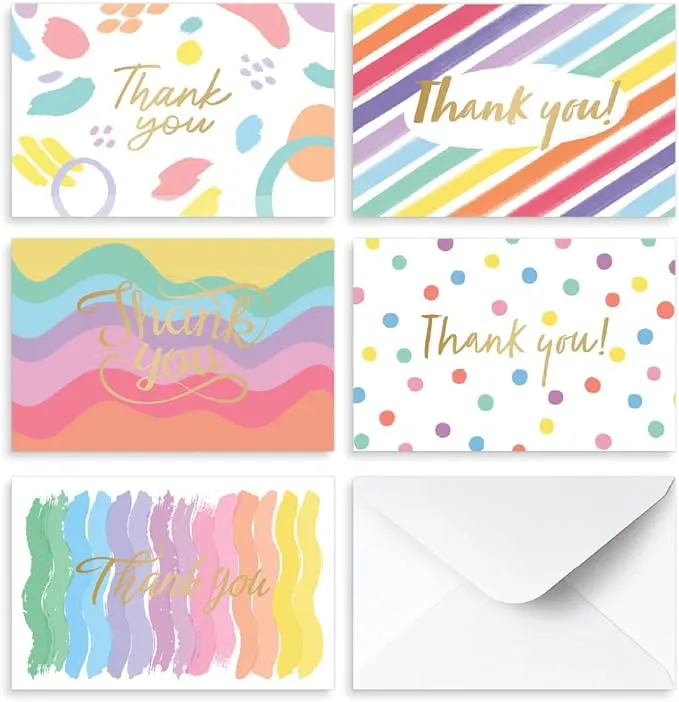 Rileys Thank You Cards with Matching Envelopes 50-Count, Gold Foil - Rainbow