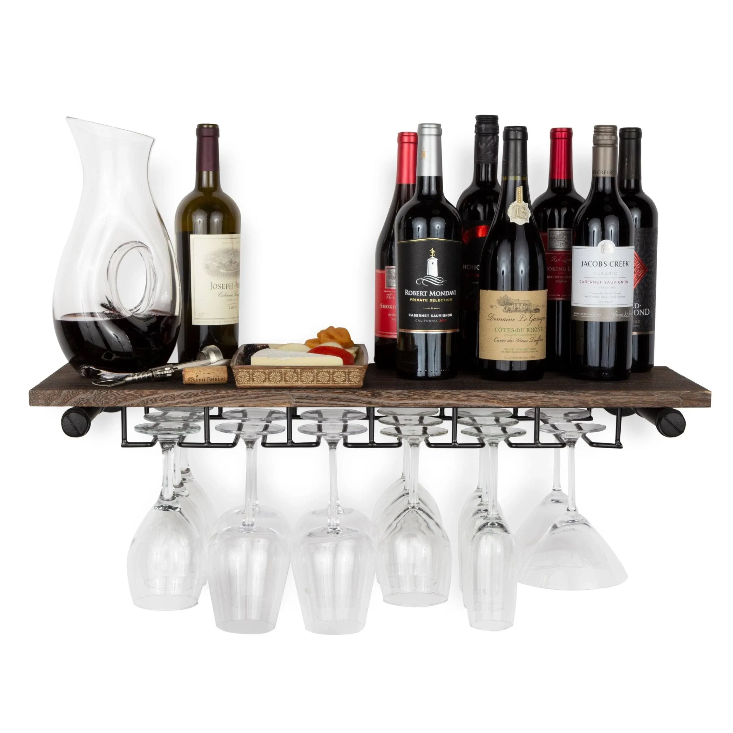 Rustic State Wood Wall Mounted Wine Bottle and Glass Rack in Walnut