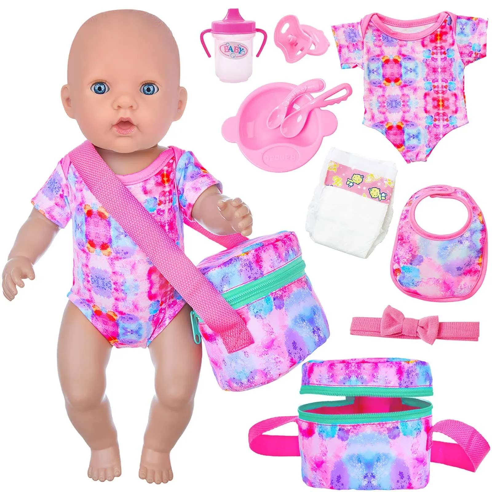 K.T. Fancy 10 Pcs Baby Doll Accessories, Baby Doll Feeding and Caring Set Pretend Play Set for Kids Includes Carry Bag, Dinne