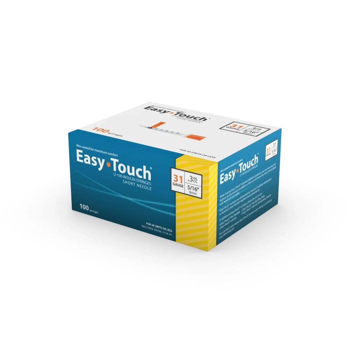 Easy Touch 31g; 3/10cc; 100ct; 8mm (5/16" in) Syringes